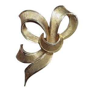 Winnie Johansen Vintage Ribbon Bow Brooch Pin Gold Tone Costume Jewelry Textured